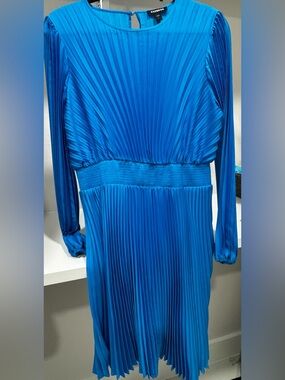 Express Vibrant Blue Pleated Long-Sleeve Dress